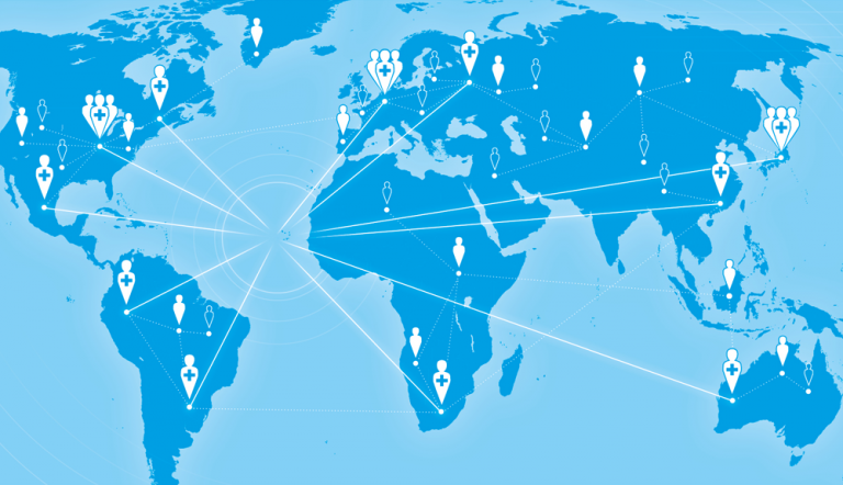 World map with a net connecting people and healthcare practitioners around the globe.